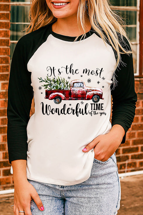 Black Christmas Truck Letter Graphic Print Color Block Top